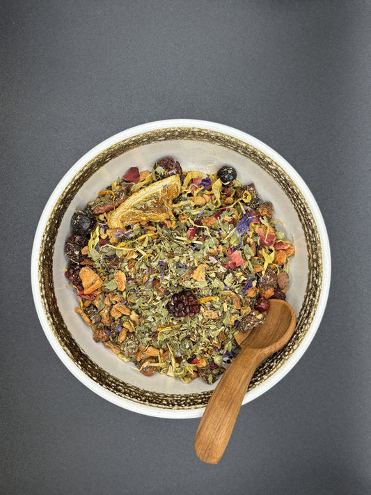 Kräutertee, lose, Malvenblüten, Zitronenverbene, grüner Honeybush